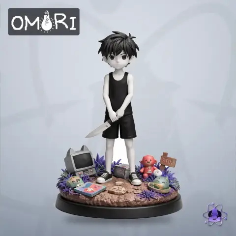 Monochrome figure of Omori standing with a knife, surrounded by items on a decorated base.