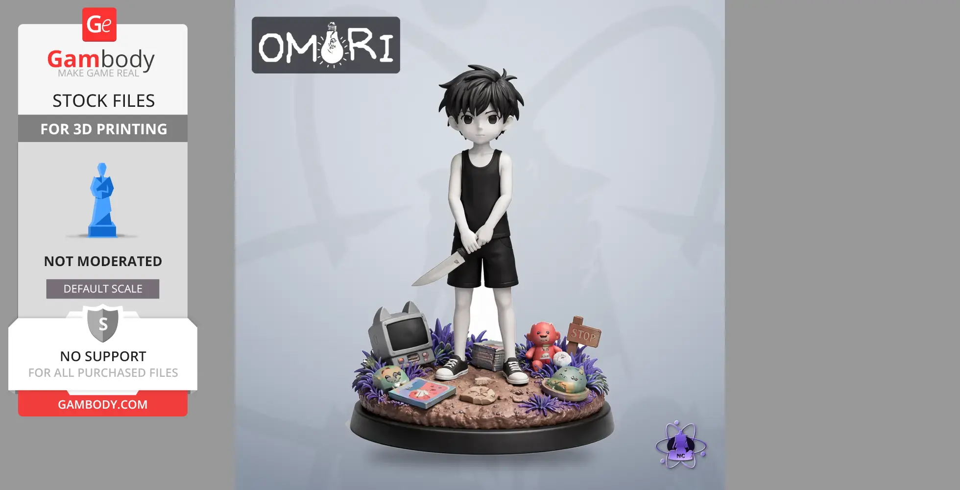 A monochrome figure with a knife stands on a base with toys, a TV, and a 'Stop' sign.
