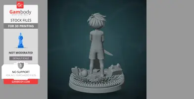 A 3D figure of a child with spiky hair, holding a knife behind, standing on a base with plants and objects.