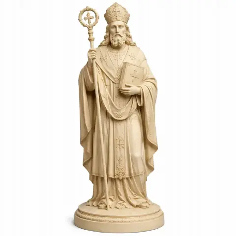 A 3D model of a robed, bearded figure holding a staff and book, standing on a round base.