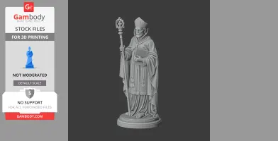 A detailed statue of a bishop holding a staff and book, designed for 3D printing.