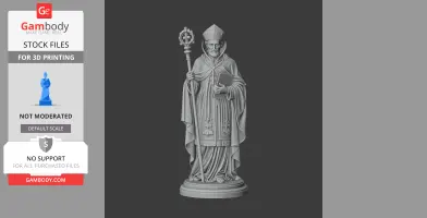 A detailed 3D statue of a bishop holding a staff and book, wearing robes and a mitre.