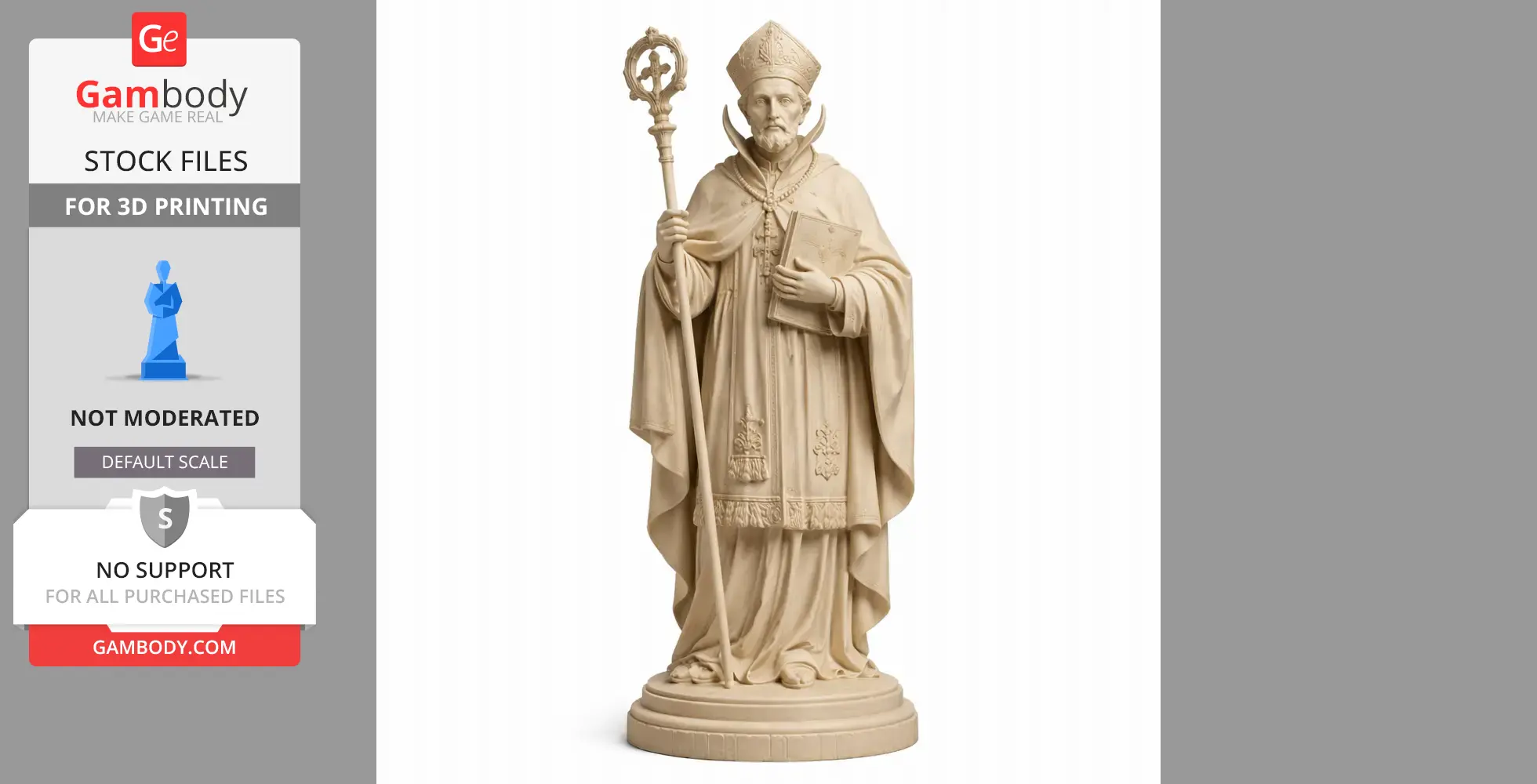 A detailed statue of a bishop holding a staff and book, wearing ornate robes and headwear, ready for 3D printing.