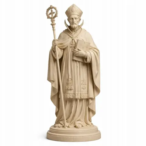 A detailed statue of a saint holding a book and staff, wearing ceremonial robes and a mitre. Ideal for 3D printing.