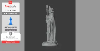 Devotional statue of a robed figure holding a staff and book, designed for 3D printing.