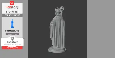 Statue of a robed figure holding a staff, detailed cloak draping down, viewed from the back.