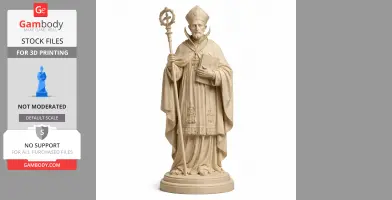 A detailed statue of a bishop holding a staff and book, wearing ornate robes and headwear, ready for 3D printing.