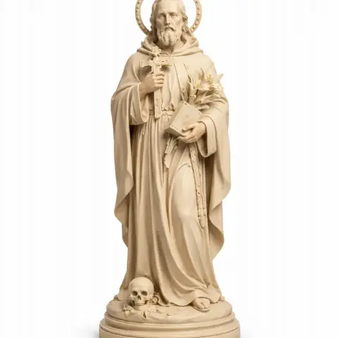 A 3D statue of a robed saint holding a book and flowers, with a halo and a skull at his feet.