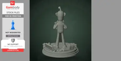 Cartoonish character figure with a cap, standing on a base with various props for 3D printing.