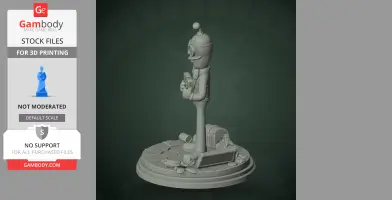 3D model of a slender, tall character with a hat and glasses, holding a book, standing on a platform.