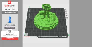 A 3D model of a figure on a hexagonal-tiled base holding a money bag, surrounded by scattered items.