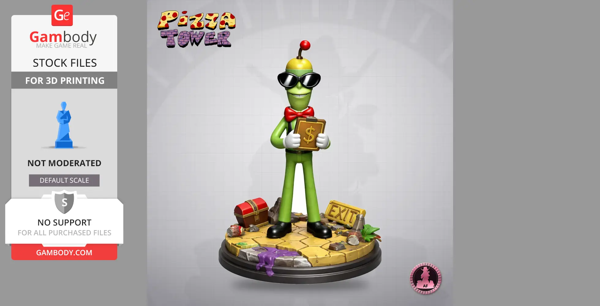 Green character with sunglasses and a red bow tie holding a dollar book, standing on a tiled base.