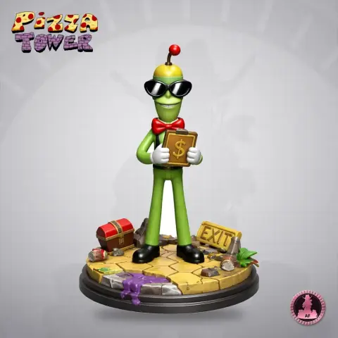 Green character in sunglasses holding money, standing on themed base with treasure chest and 'Exit' sign.