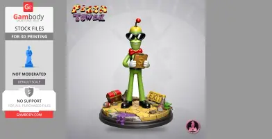 Green character with sunglasses and a red bow tie holding a dollar book, standing on a tiled base.