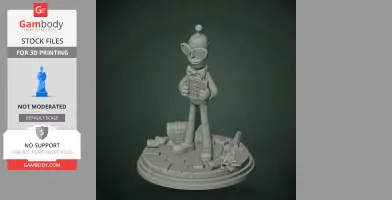 Cartoon figure with glasses holds a money briefcase, standing on a detailed round base with scattered objects.