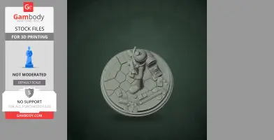 Character figure on a textured round base, holding an object, designed for 3D printing.