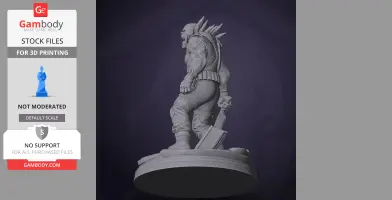 A muscular humanoid figure with spikes on its back, holding a weapon, standing on a circular base.