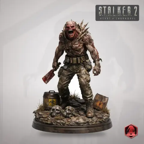 A mutated creature with spikes, holding a cleaver, stands on a base with skulls and radioactive barrels.