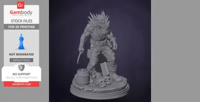 A spiked mutant figure holding a blade, standing on a base with barrels and skulls.
