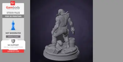 A rugged character figure with gear, standing on a detailed base, ready for 3D printing.