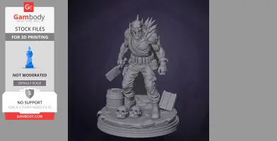 A muscular creature with spikes, holding a cleaver, stands on a base with skulls and barrels.