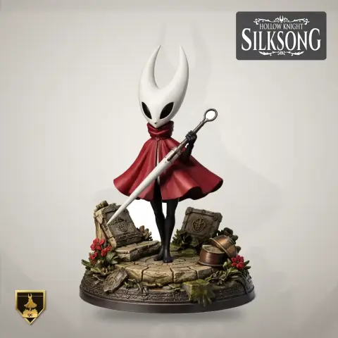 A stylized figure in red cloak with a needle-like weapon on a detailed base, from Hollow Knight: Silksong.