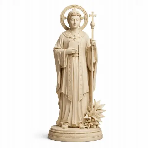 A saintly figure holding a cross with a halo, wearing robes, and standing on a decorated base.