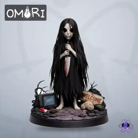 Creepy figure in black cloak with mask, holding knife, surrounded by items on themed base.