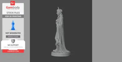 A detailed 3D statue of a robed figure with a halo, standing on a decorative base.