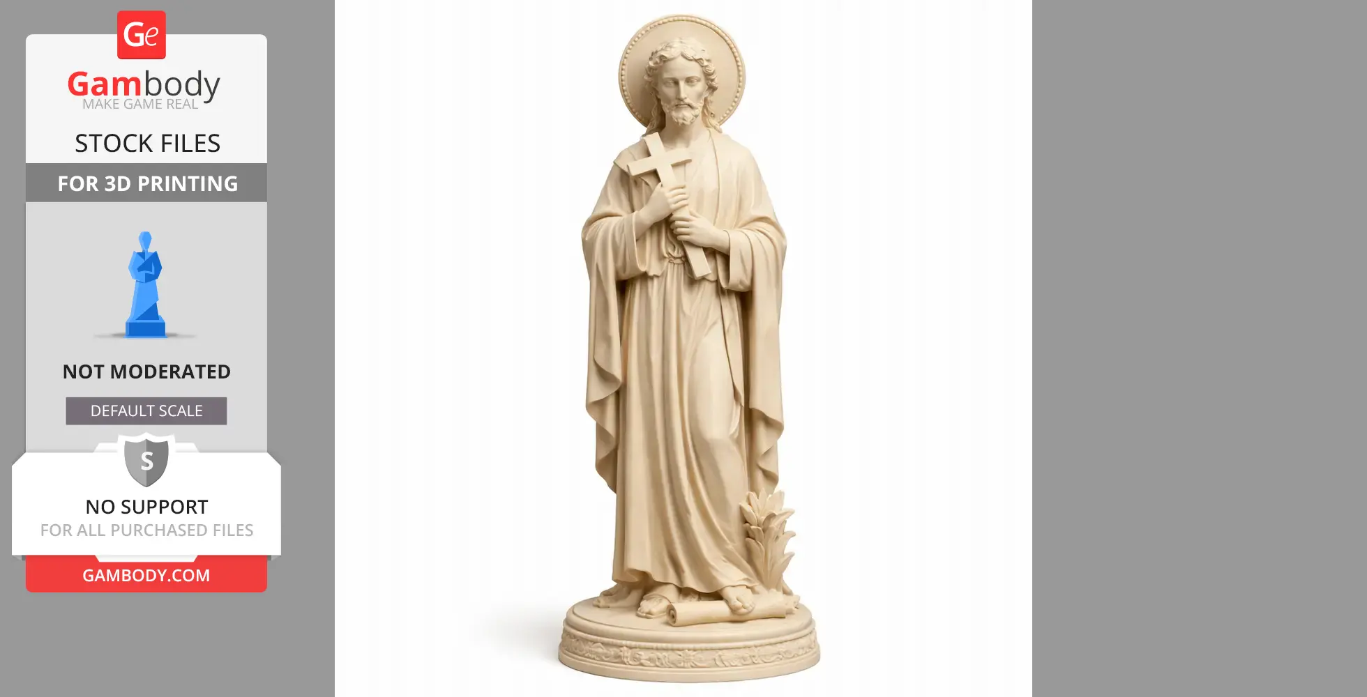 Devotional statue of Saint Alexius holding a cross, with a halo and robe, standing on a decorative base.