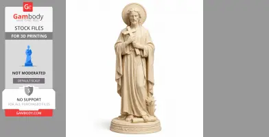 Devotional statue of Saint Alexius holding a cross, with a halo and robe, standing on a decorative base.