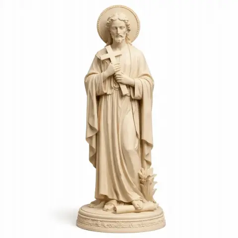 Statue of Saint Alexius holding a cross, wearing robes, with a halo and a small plant at his feet.