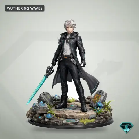 A detailed male character figure with a sword on a themed base from 'Wuthering Waves' for 3D printing.