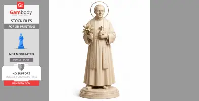 Devotional statue of a saint holding flowers and a book, standing on a circular base.