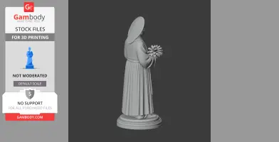 Devotional statue of a figure holding flowers, in a robe and headdress, on a round base for 3D printing.