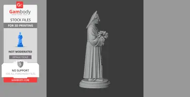 A 3D model of a robed figure holding flowers, standing on a circular base.