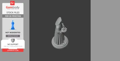 A 3D model of a devotional statue depicting a robed figure with a halo, holding a bouquet on a round base.
