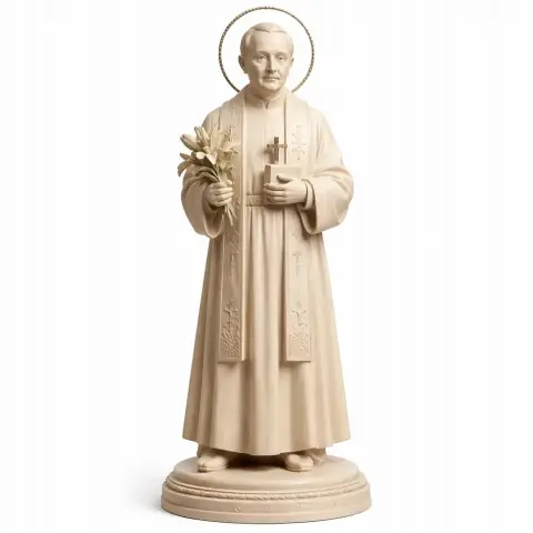 A devotional statue of a saint holding lilies and a book, wearing ornate robes and a halo.