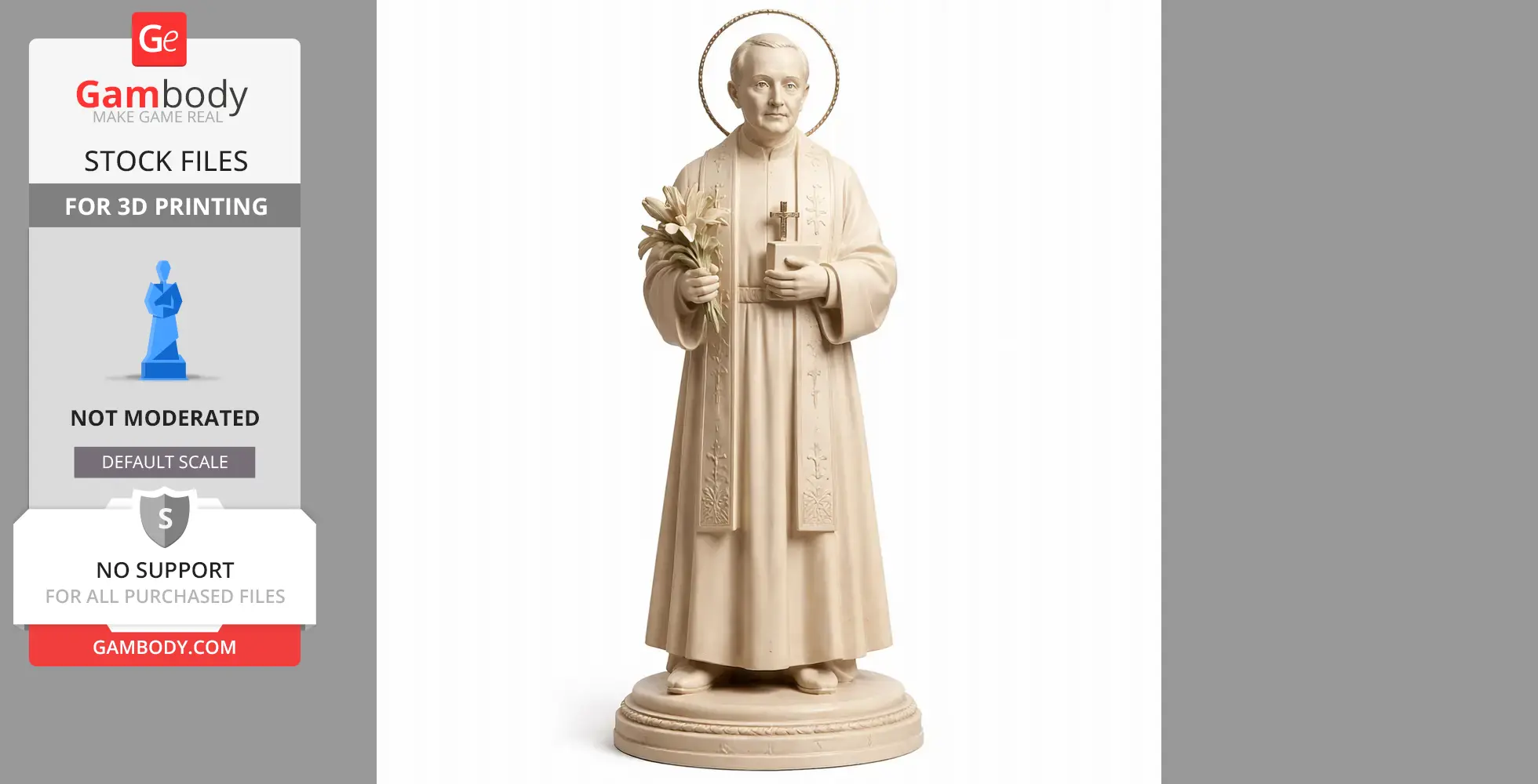 Devotional statue of a saint holding flowers and a book, standing on a circular base.