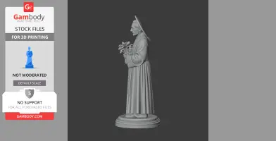 A 3D model of a saint holding flowers, wearing a robe and hat, standing on a circular base.