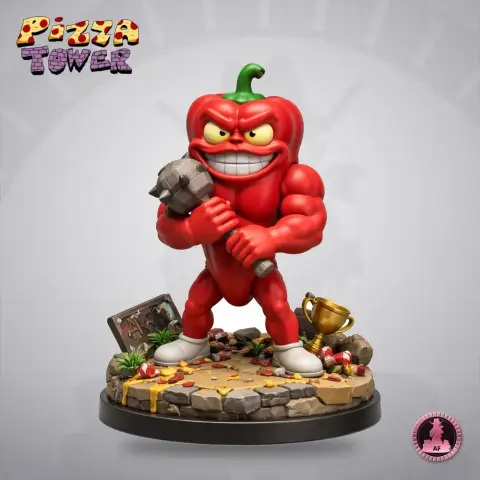 A muscular, anthropomorphic red pepper character holding a sledgehammer, standing on a detailed base.
