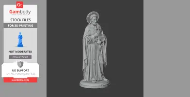A 3D model of a robed religious figure holding a cross and book, standing on a circular base.