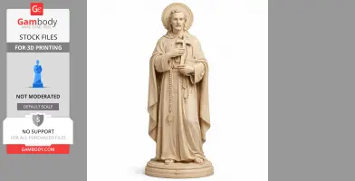 A 3D-printed statue of a saint holding a cross, with detailed robes and a halo.