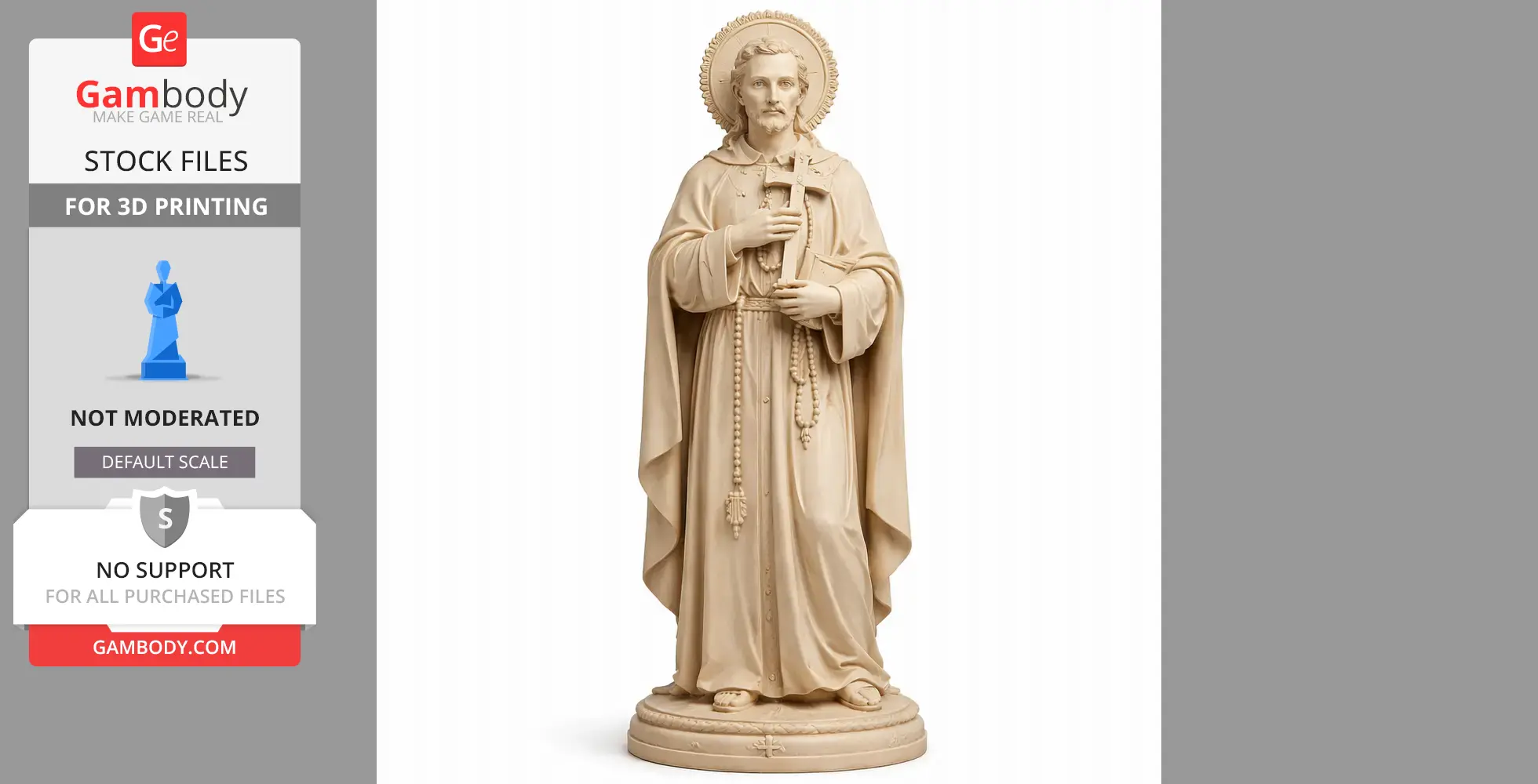 A 3D-printed statue of a saint holding a cross, with detailed robes and a halo.