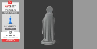 A 3D model of a robed figure with a circular halo, standing on a round base.