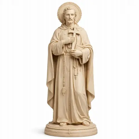 A 3D printed statue of a robed saint holding a cross, with a halo and detailed drapery.