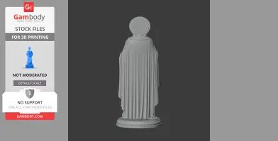A 3D model of a cloaked statue with a circular halo on a pedestal, designed for 3D printing.