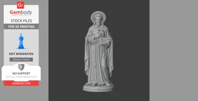 A detailed 3D model of a saintly figure holding a cross and book, standing on a circular base.