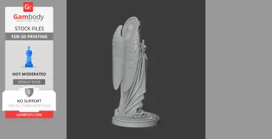 A detailed statue of a robed figure with large wings, standing on a decorative circular base.