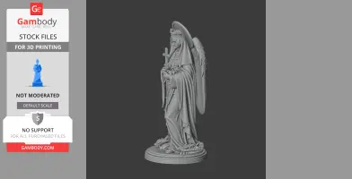 A detailed 3D statue of a winged figure holding a cross and flowers, draped in flowing robes on a pedestal.